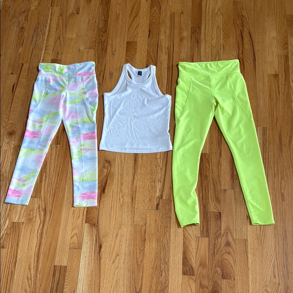 OLD NAVY Colorful Neon Leggings and White Tank Set, Size Large (10-12)